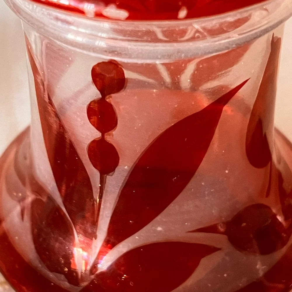 Vintage Ruby Red Decanter with Stopper Bohemian Style Glass Floral Etched Design